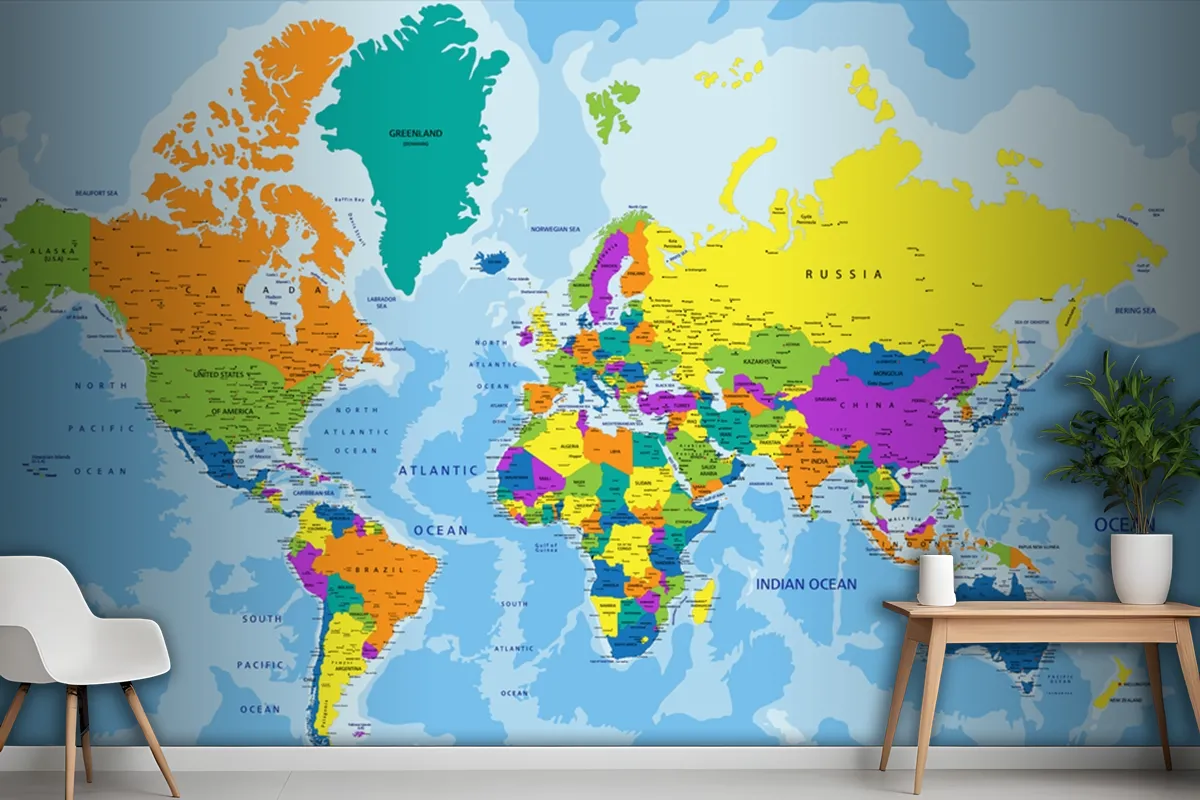 Colorful World Political Map With Clearly Labeled Wallpaper Mural