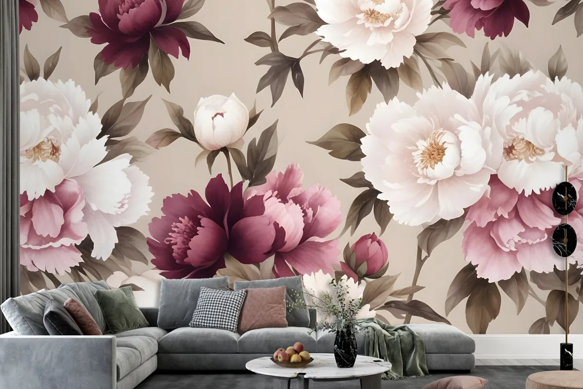 Cream Pink Peony Floral Pattern Wallpaper Mural