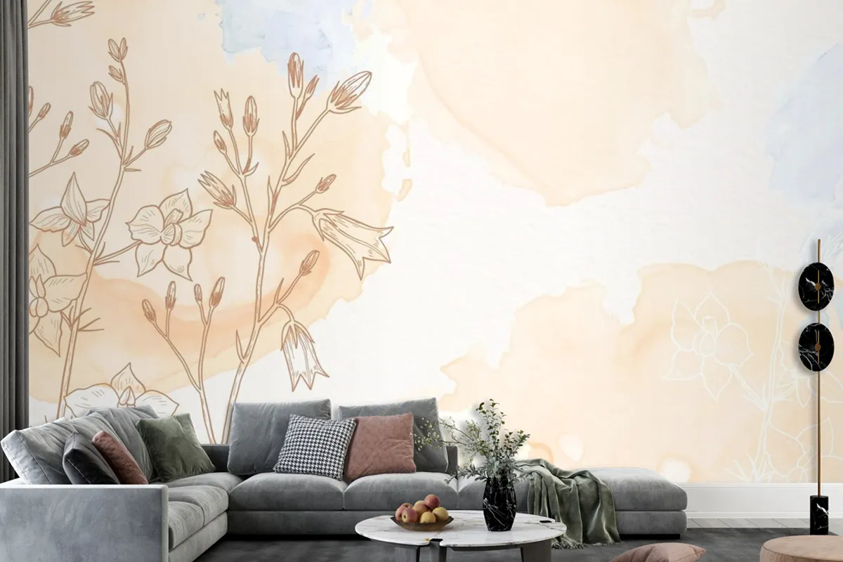 Cream Powder Pastel With Hand Drawn Flowers Background Wallpaper Mural