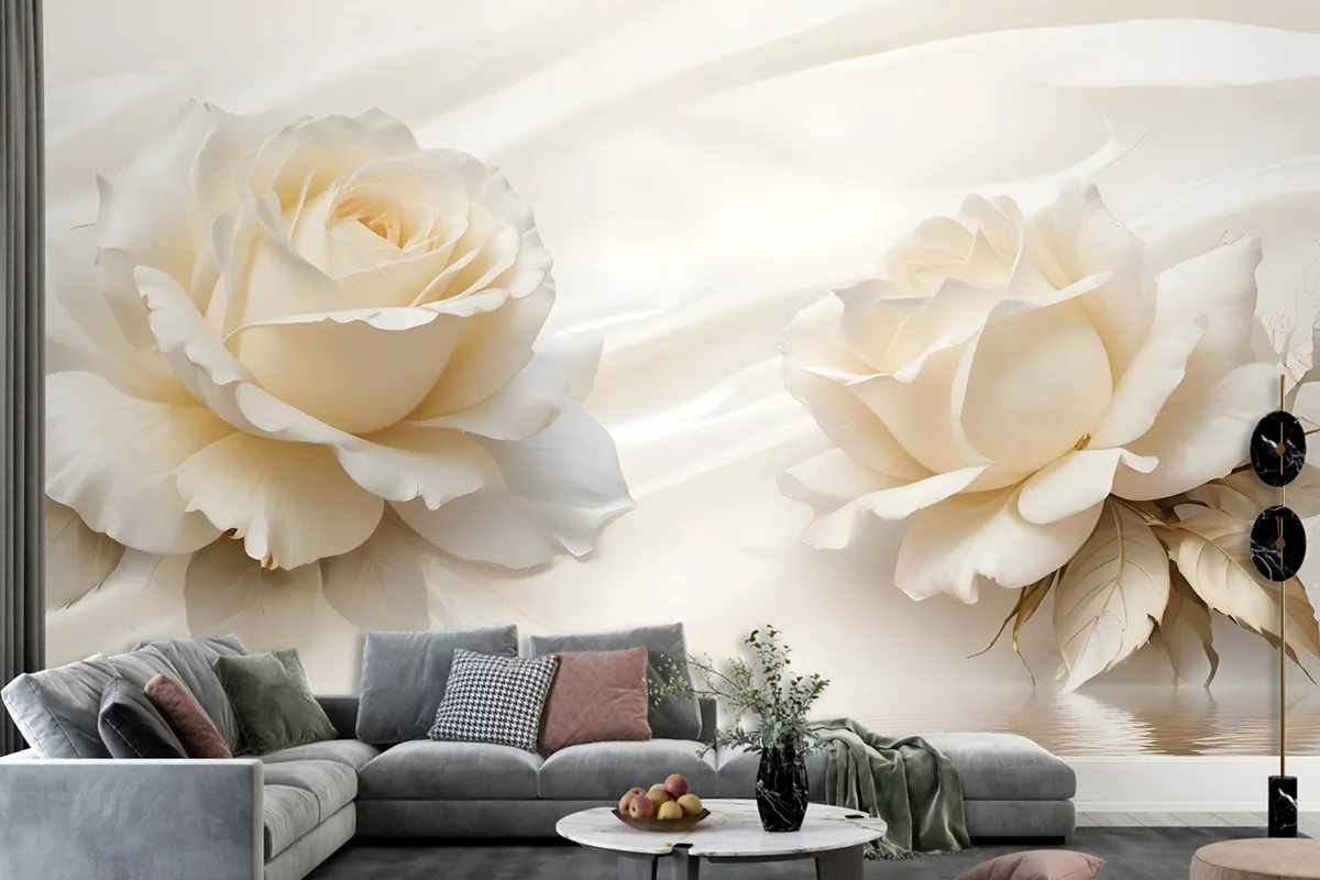 Cream Rose Floral With Water Pattern Wallpaper Mural