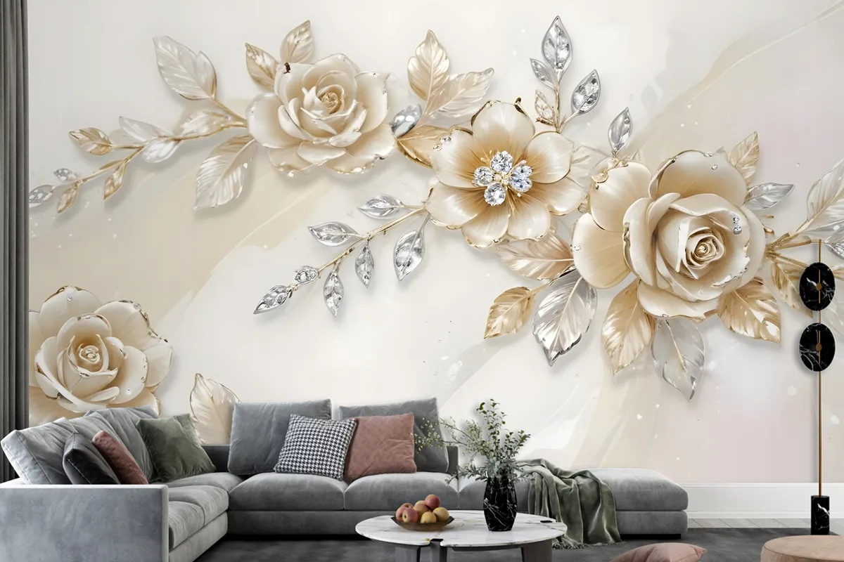 Cream Swarovski Rose Floral Wallpaper Mural