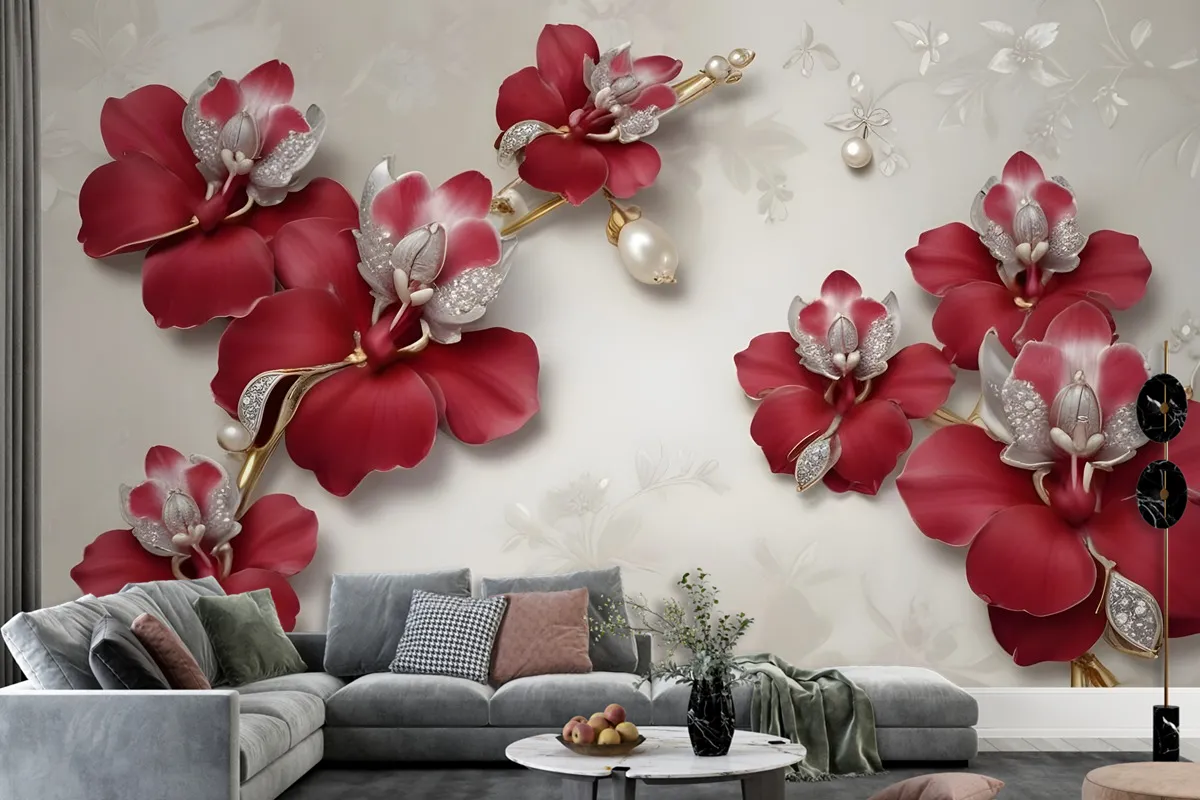 Crystal Red Floral Art Wallpaper Mural