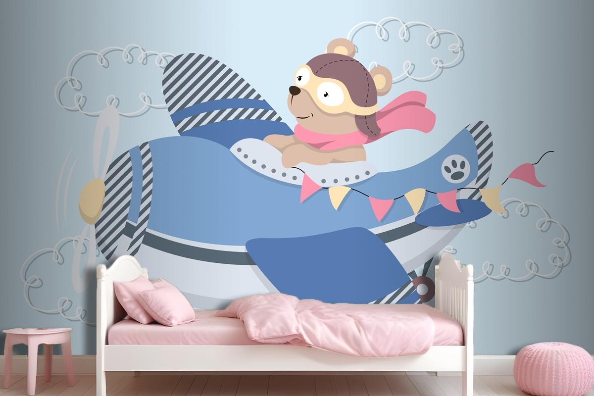 Cute Cartoon Teddy Bear In Aviator Glasses A Leather Helmet And Scarf Flying In Vintage Airplane Wallpaper Mural