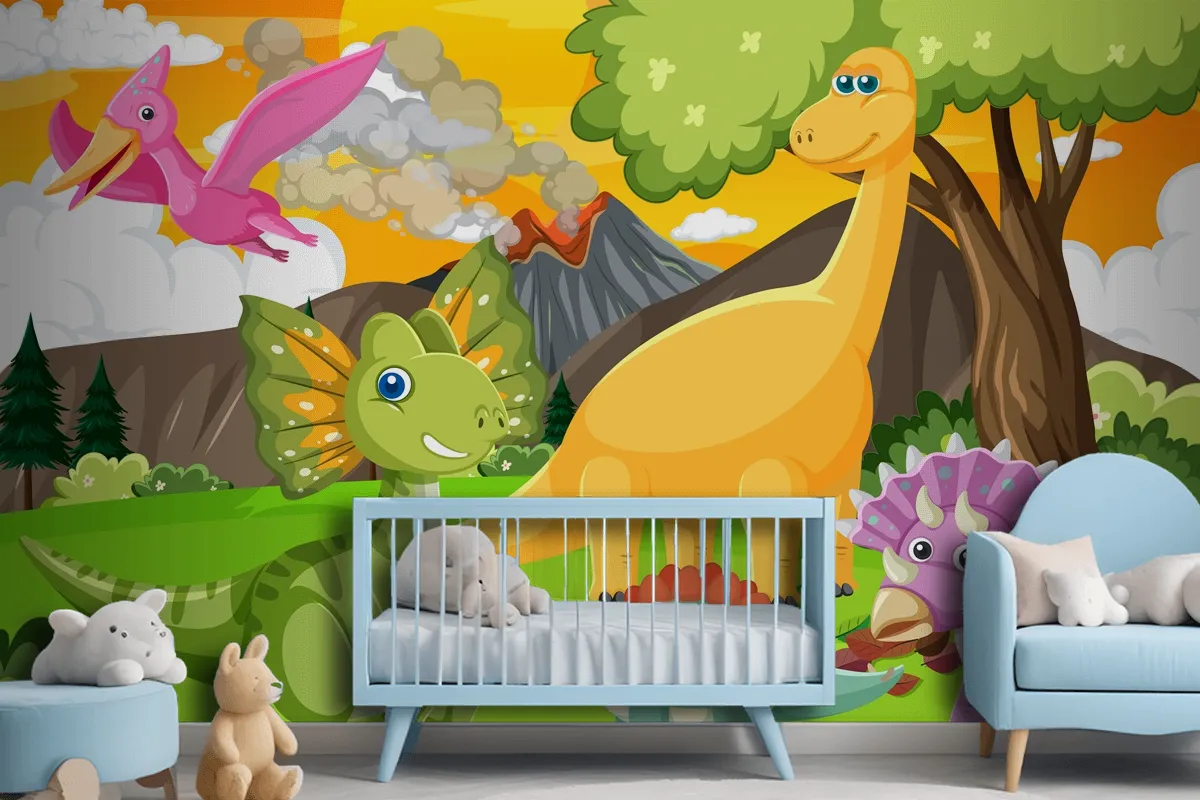 Cute Dinosaur Group In Forest Wallpaper Mural