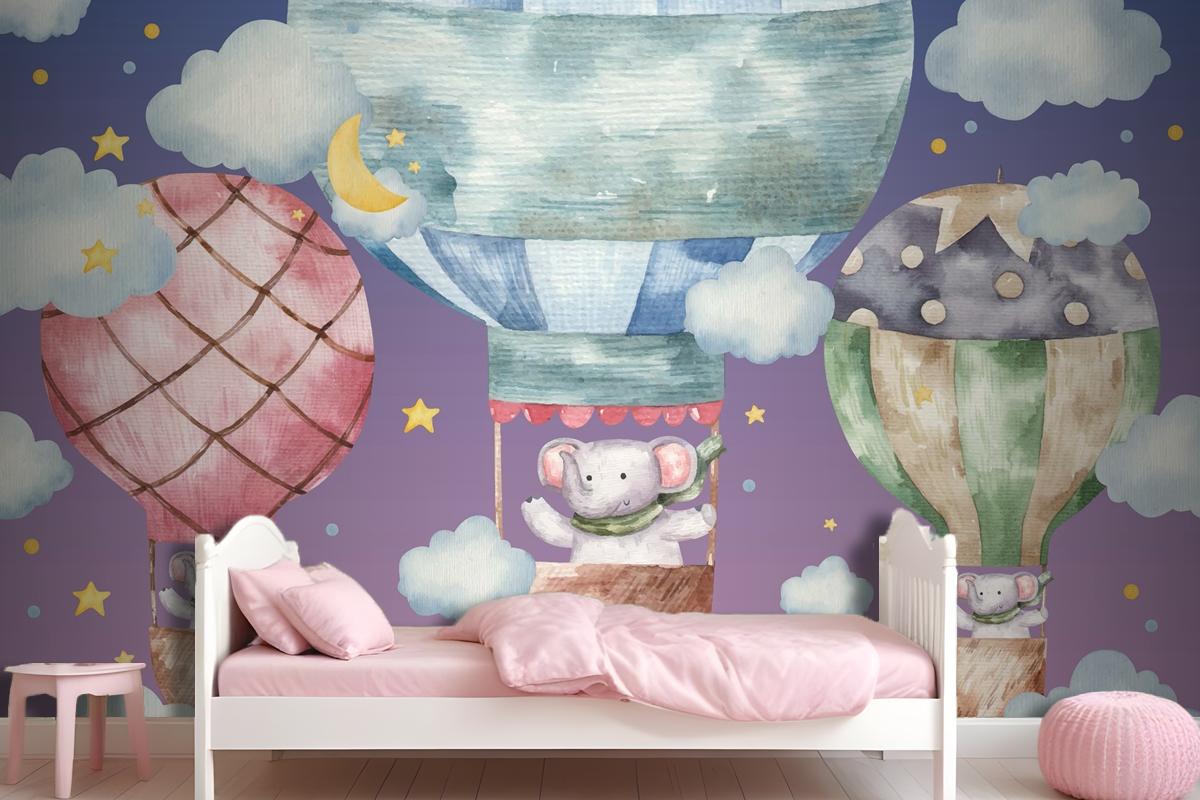 Cute Elephant Flies On Colored Balloons Wallpaper Mural