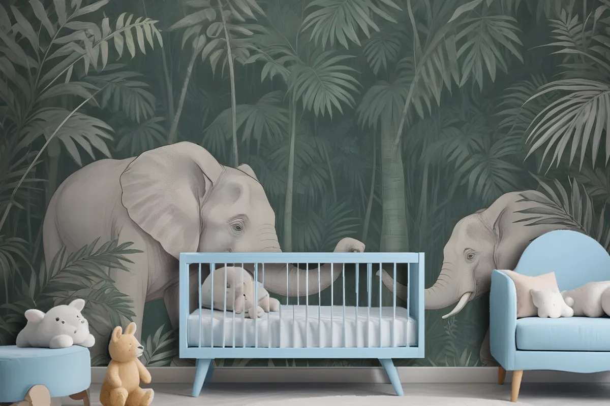 Cute Elephants On The Tropical Jungle Kids Wallpaper Mural