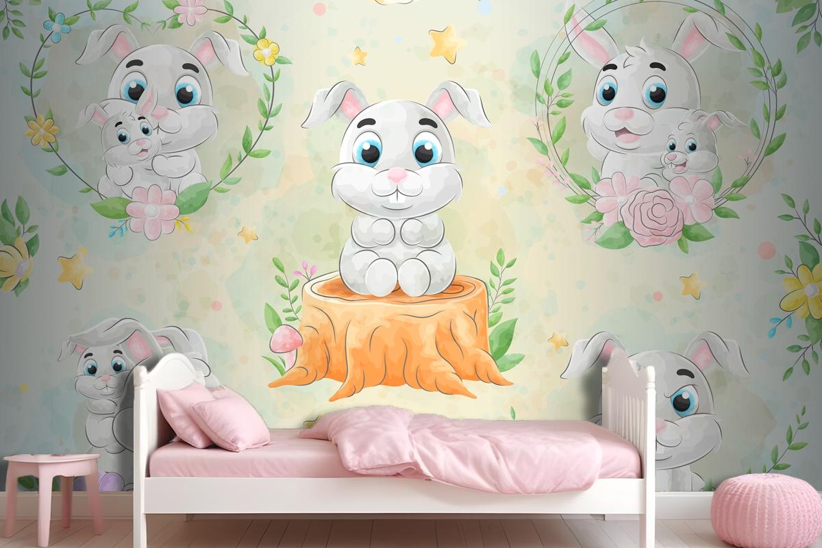 Cute Little Rabbit With Watercolor Wallpaper Mural