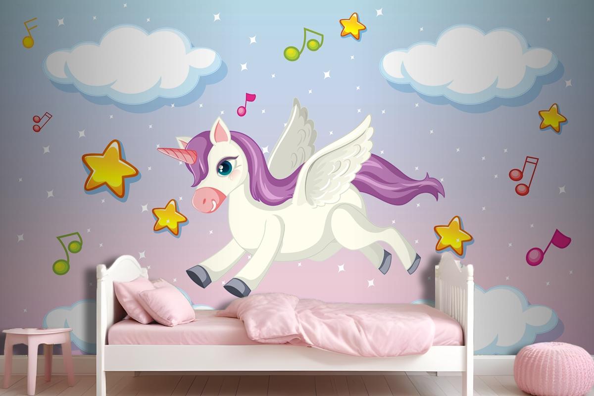 Cute Pegasus With Purple Mane Flying In The Pastel Sky Wallpaper Mural