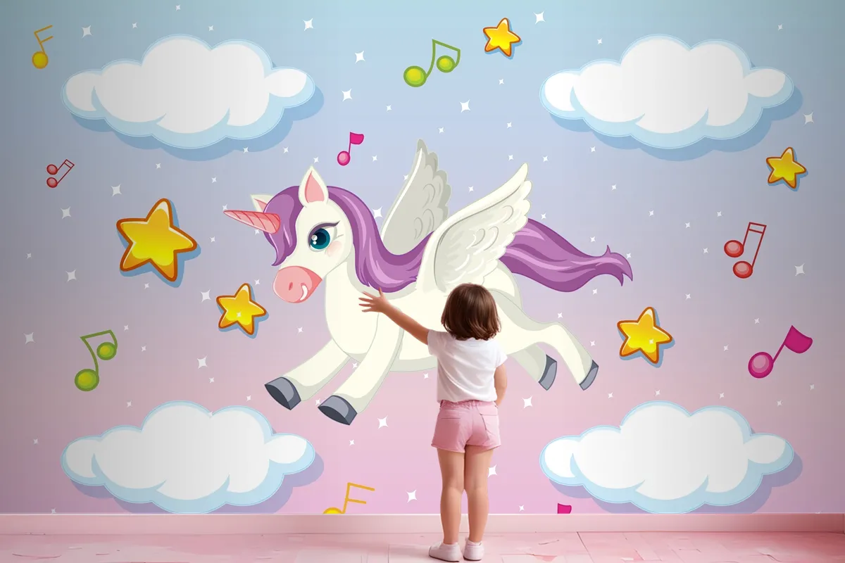 Cute Pegasus With Purple Mane Flying In The Pastel Sky Wallpaper Mural