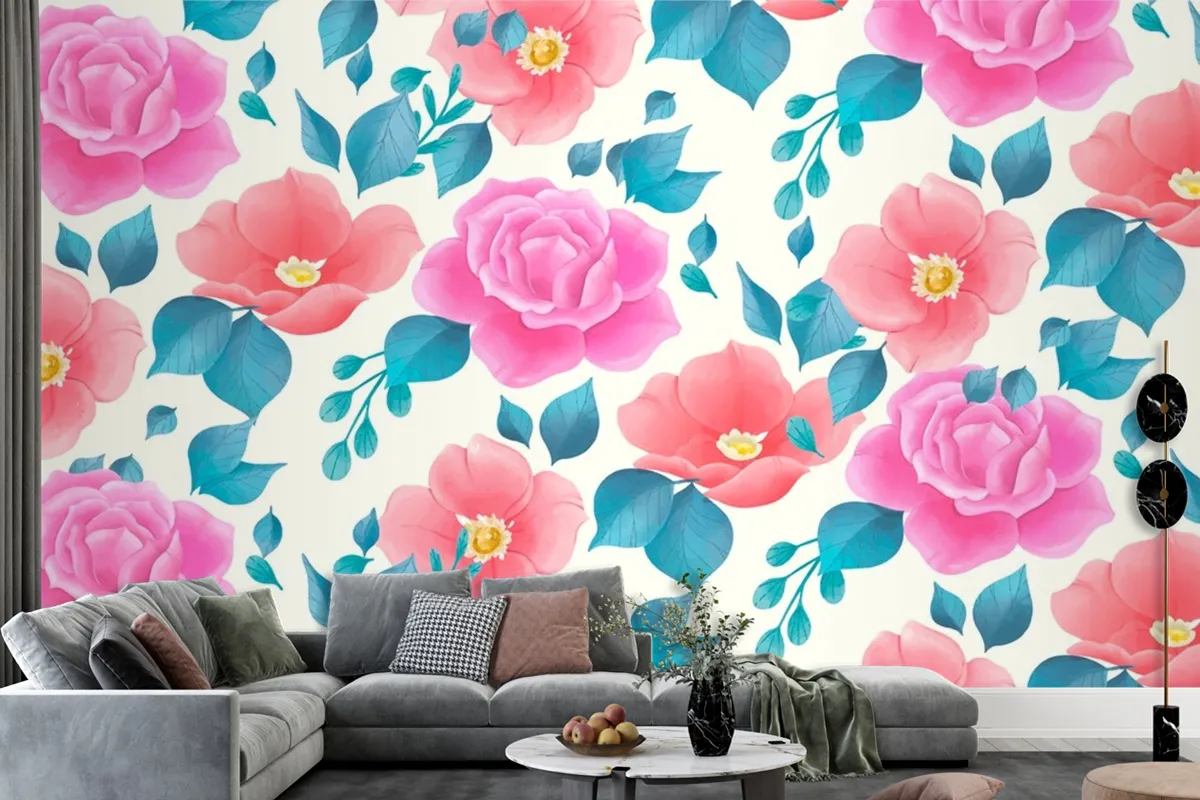 Cute Watercolor Floral Pattern With Rose Flowers Wallpaper Mural