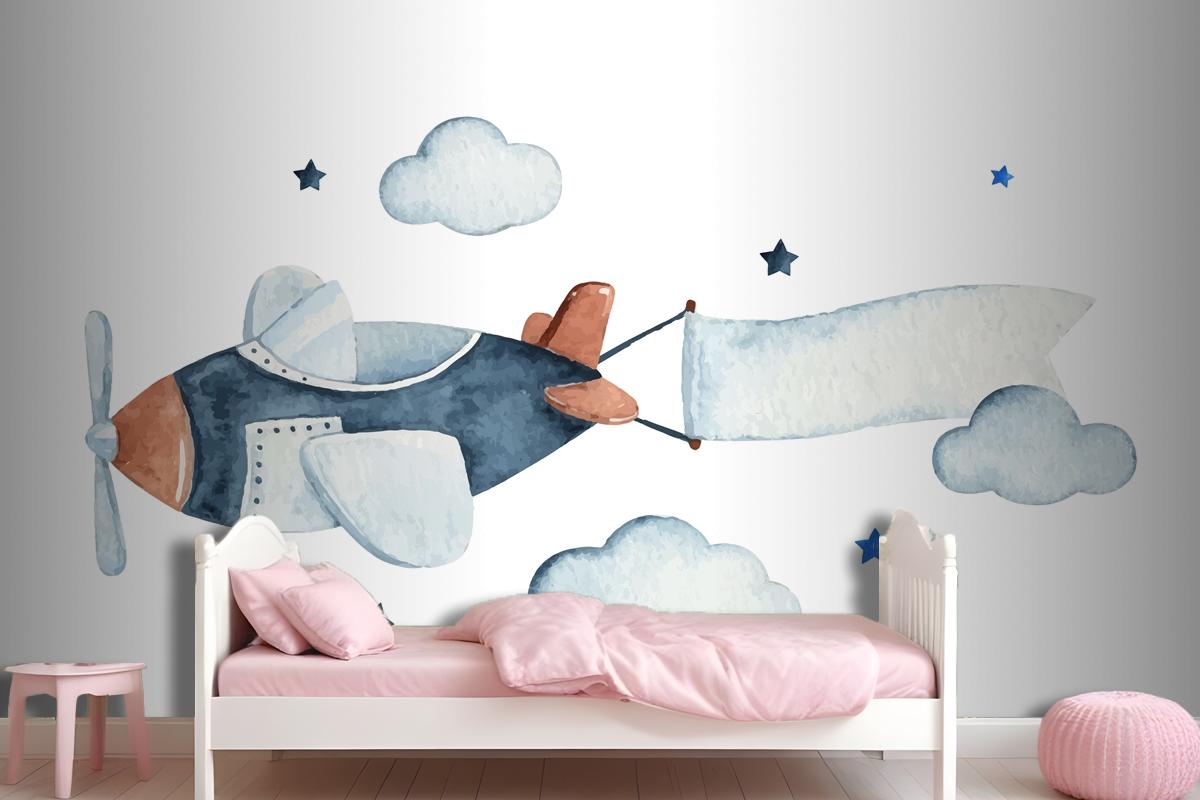 Cute Watercolor Sky Scene With Air Plane Clouds And Stars Wallpaper Mural