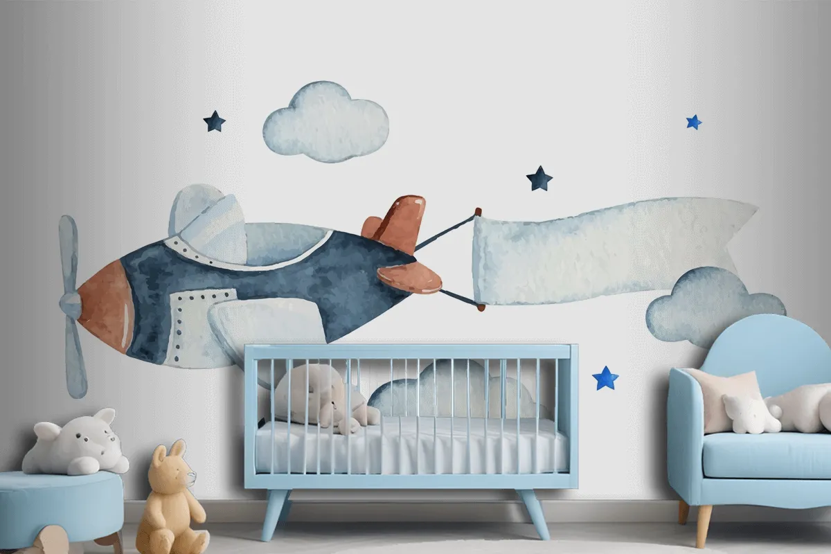 Cute Watercolor Sky Scene With Air Plane Clouds And Stars Wallpaper Mural