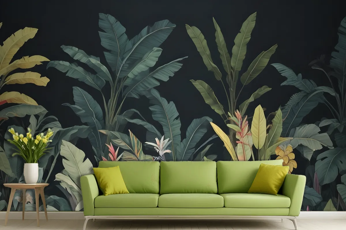 Dark Background Large Green Leaves Banana Plants Colorful Flowers Wallpaper Mural