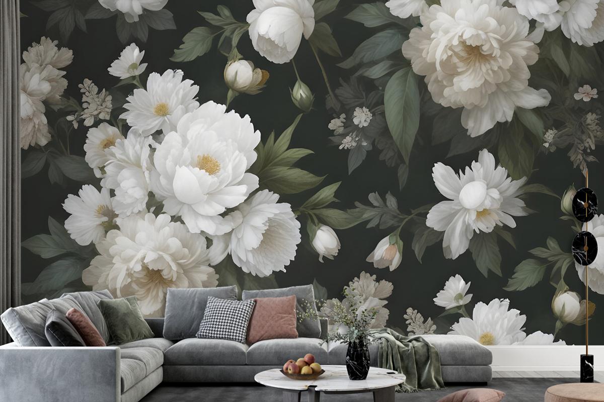 Dark Floral And White Peony Blossoms Wallpaper Mural