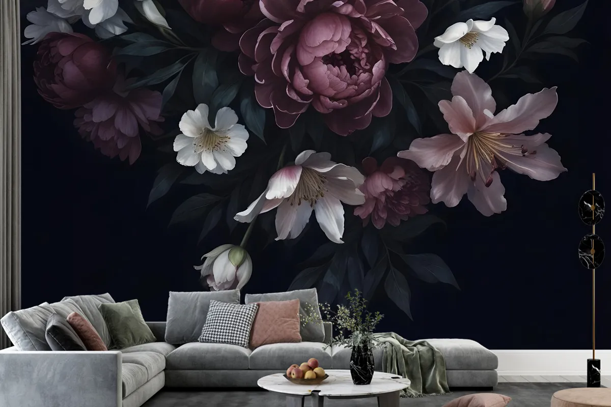 Dark Floral Claret Peony Floral Wallpaper Mural