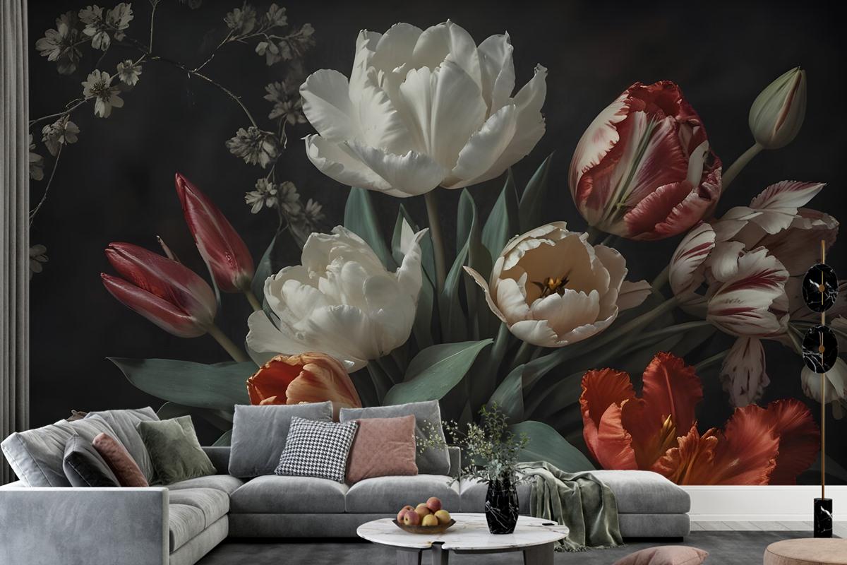 Dark Floral Dutch Bouquet With Tulips Wallpaper Mural