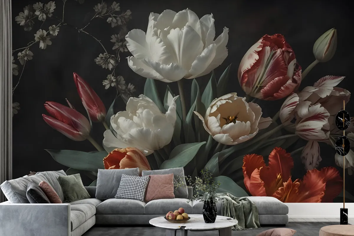 Dark Floral Dutch Bouquet With Tulips Wallpaper Mural