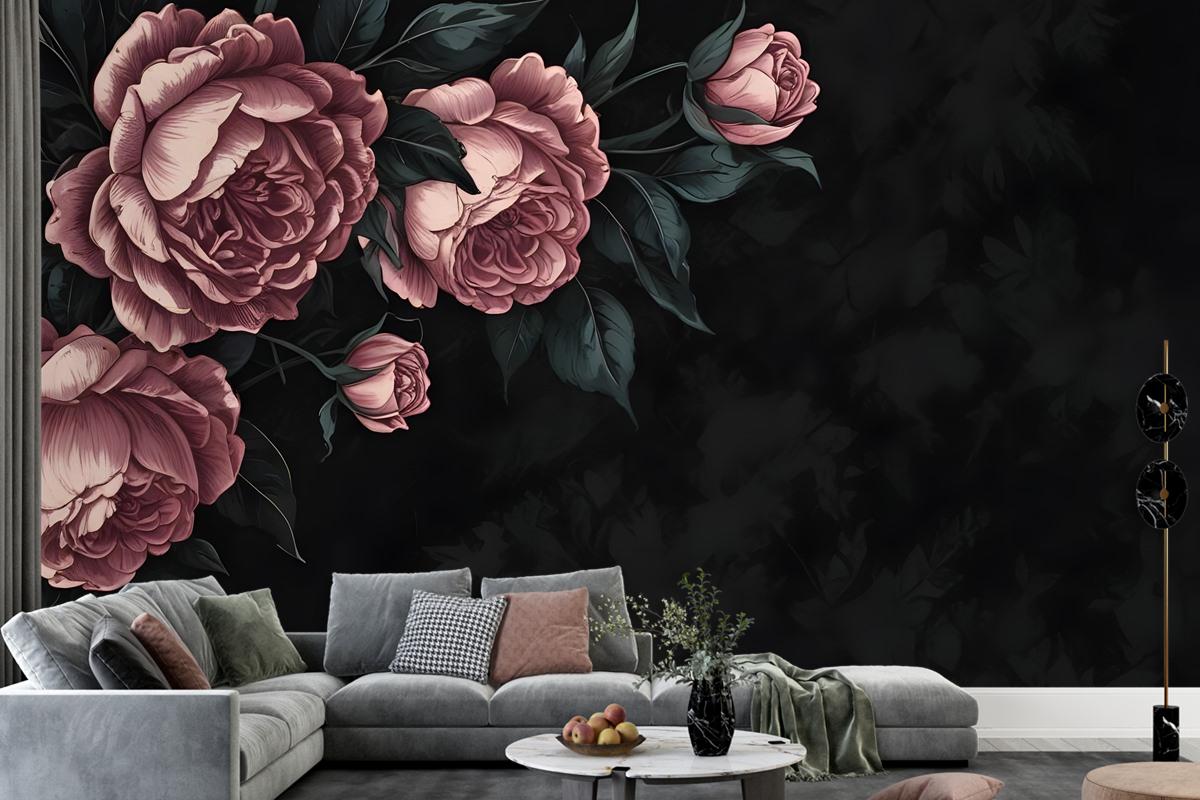 Dark Floral Peony Flower Drawing Wallpaper Mural