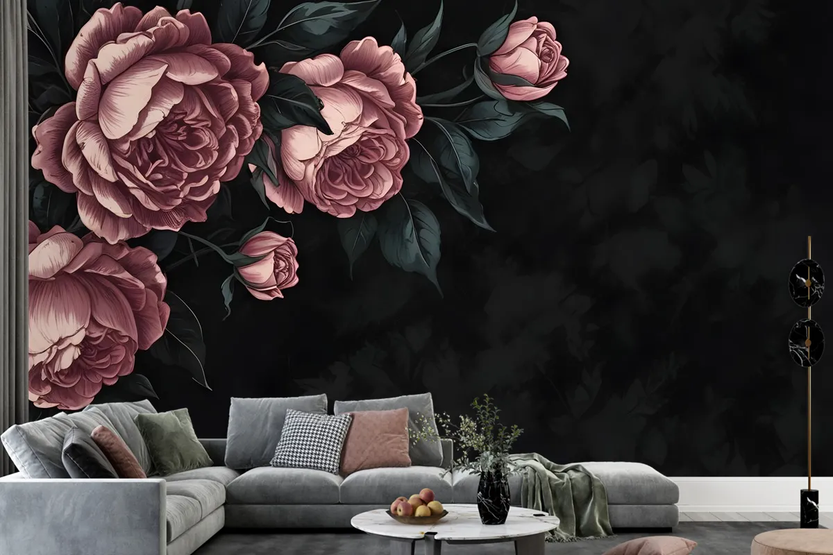 Dark Floral Peony Flower Drawing Wallpaper Mural