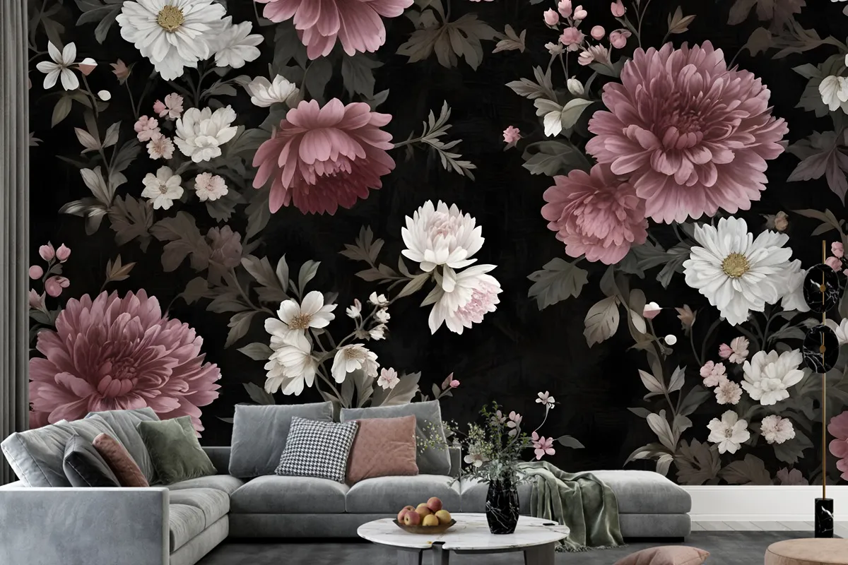 Dark Floral With Pink Chrysanthemum Wallpaper Mural