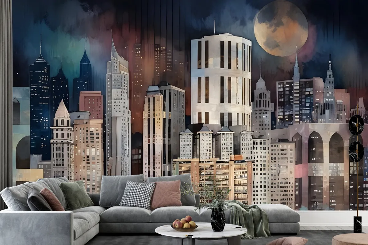 Dark Mosaic City Landscape Wallpaper Mural