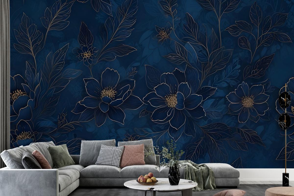 Dark Navy Peony Floral Drawing Art Wallpaper Mural