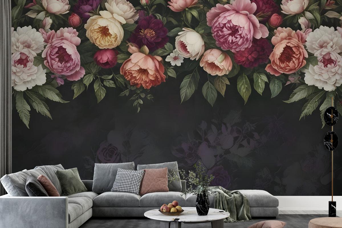 Dark Vine Floral And Peony Blossom Wallpaper Mural