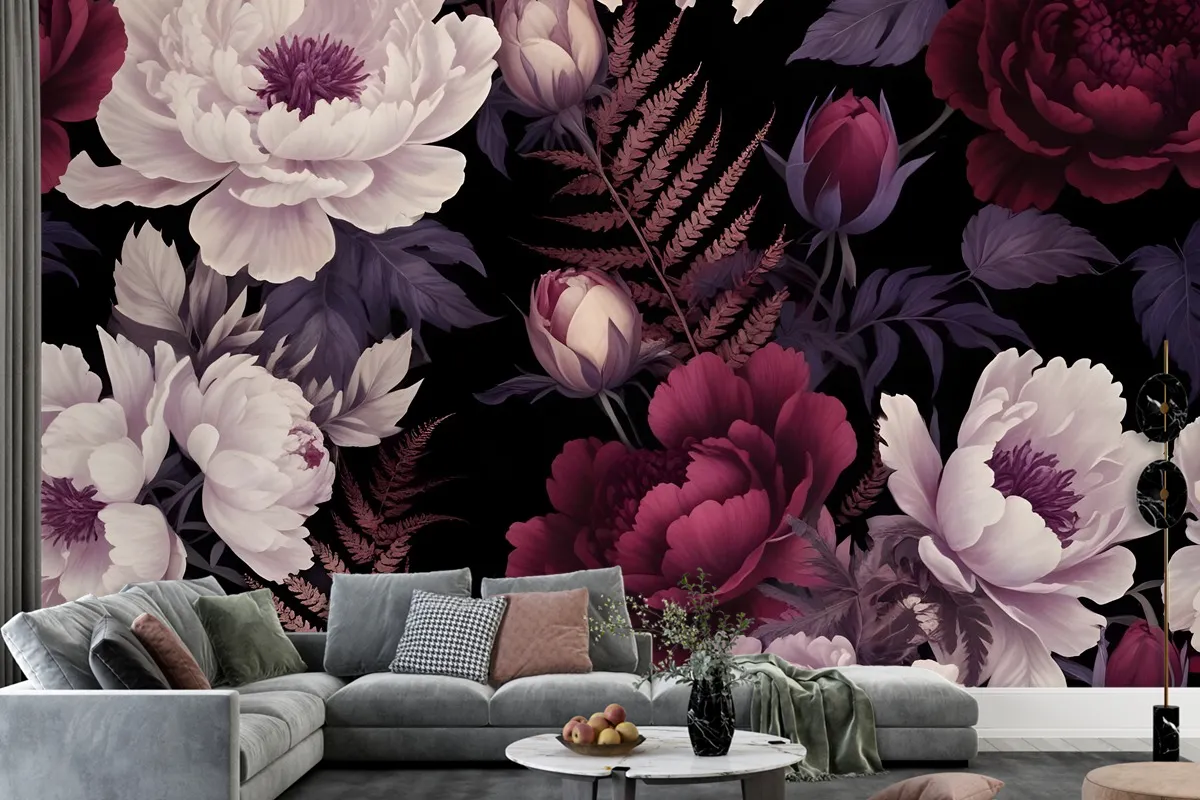 Dark Watercolor Colorful Peony Floral Wallpaper Mural