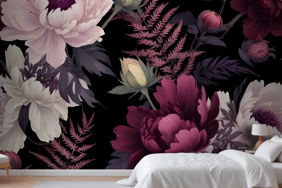 Dark Watercolor Colorful Peony Floral Wallpaper Mural
