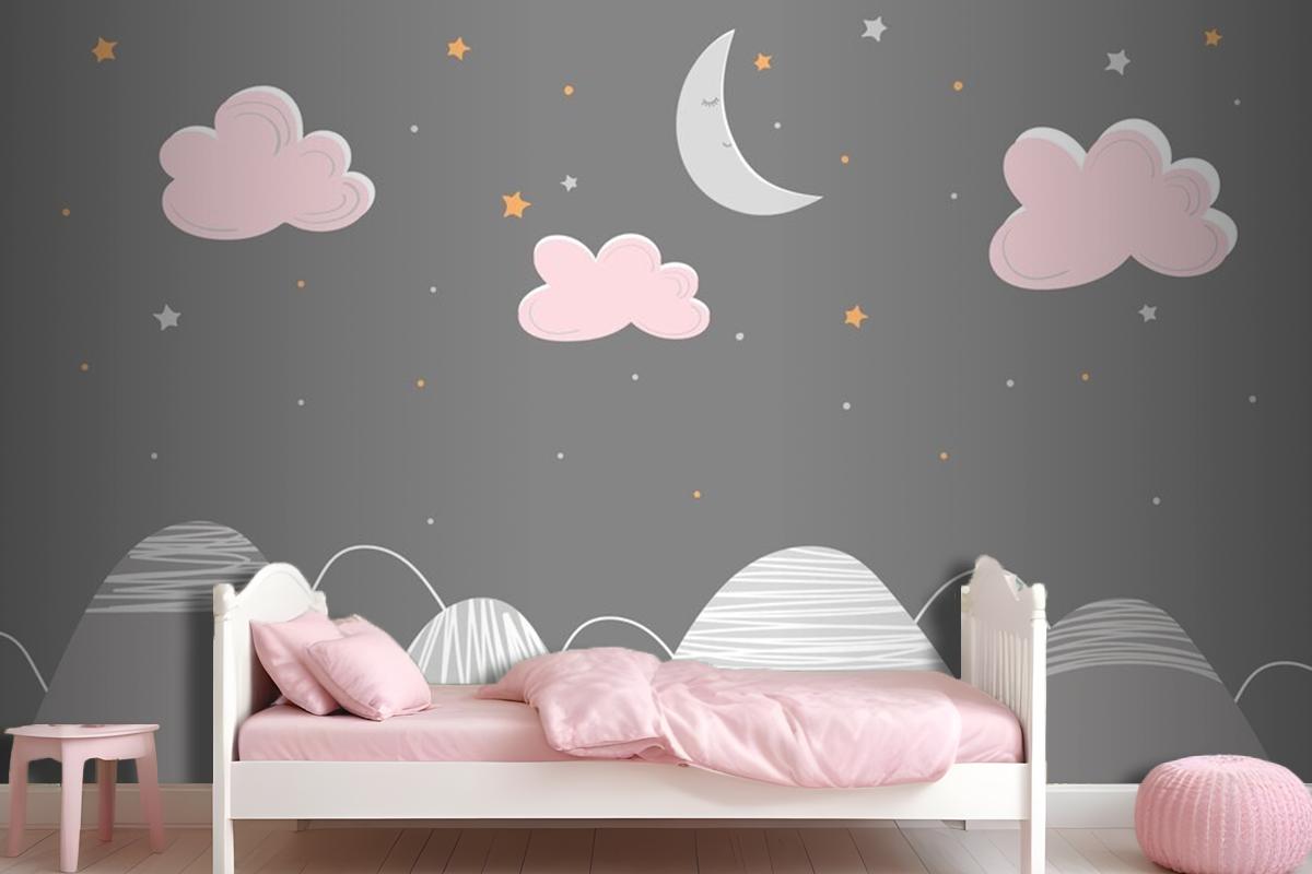 Decor In Scandinavian Style With Mountain Landscape Clouds And Sleeping Moon Wallpaper Mural