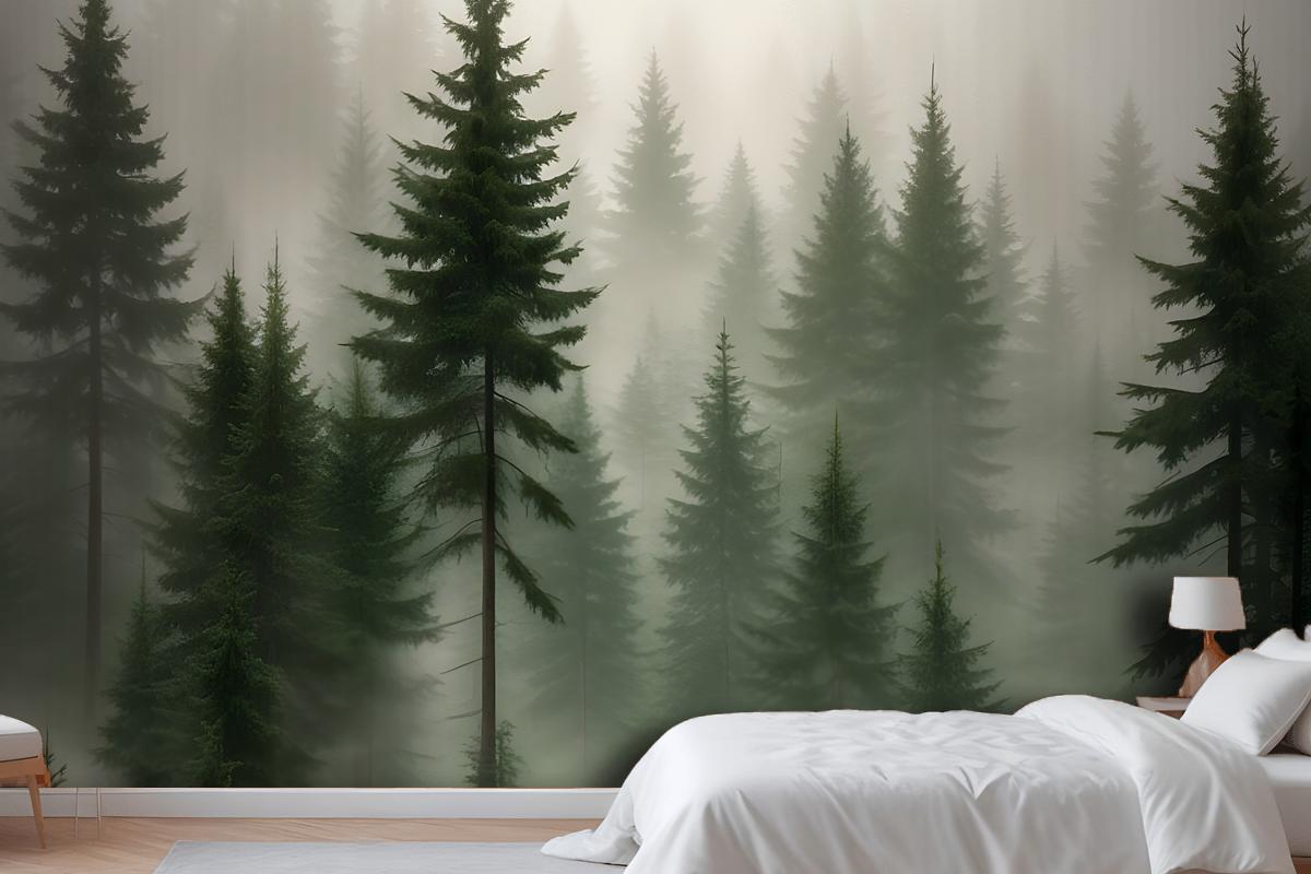 Dense Forest Of Tall Evergreen Trees In A Misty Foggy Environment Wallpaper Mural