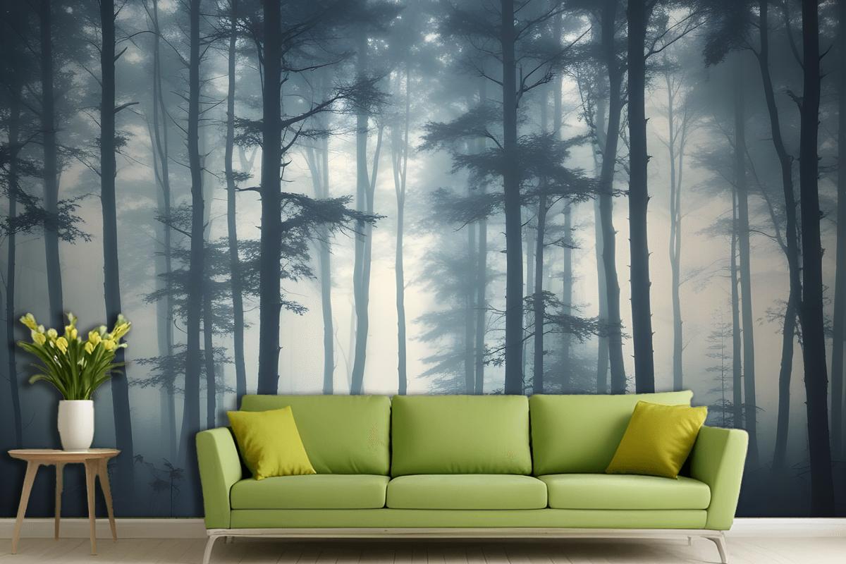 Dense Misty Forest With Tall Slender Trees And A Foggy Atmosphere Wallpaper Mural