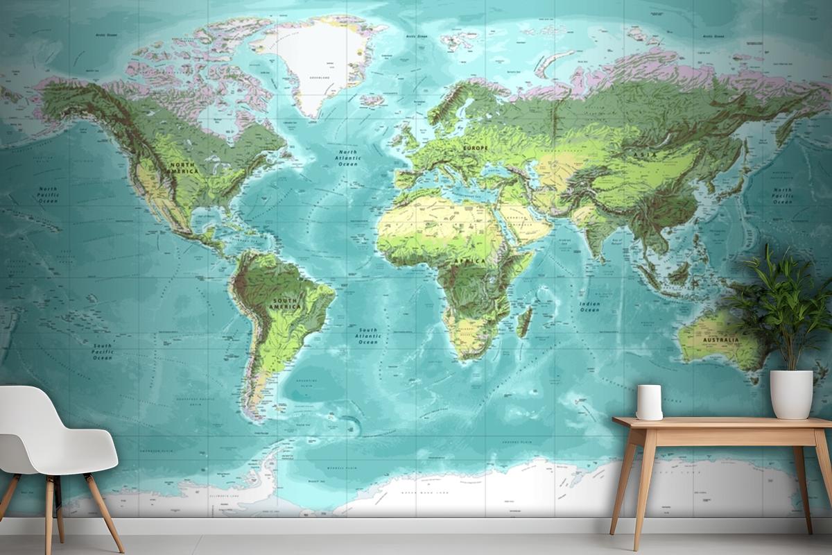 Detailed Physical World Map Miller Projection Wallpaper Mural