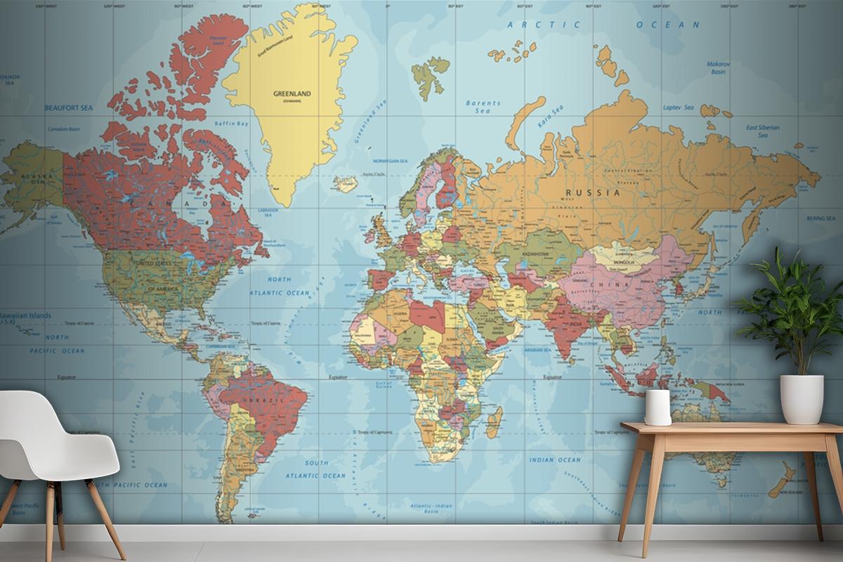 Detailed Political World Map In Mercator Projection Wallpaper Mural