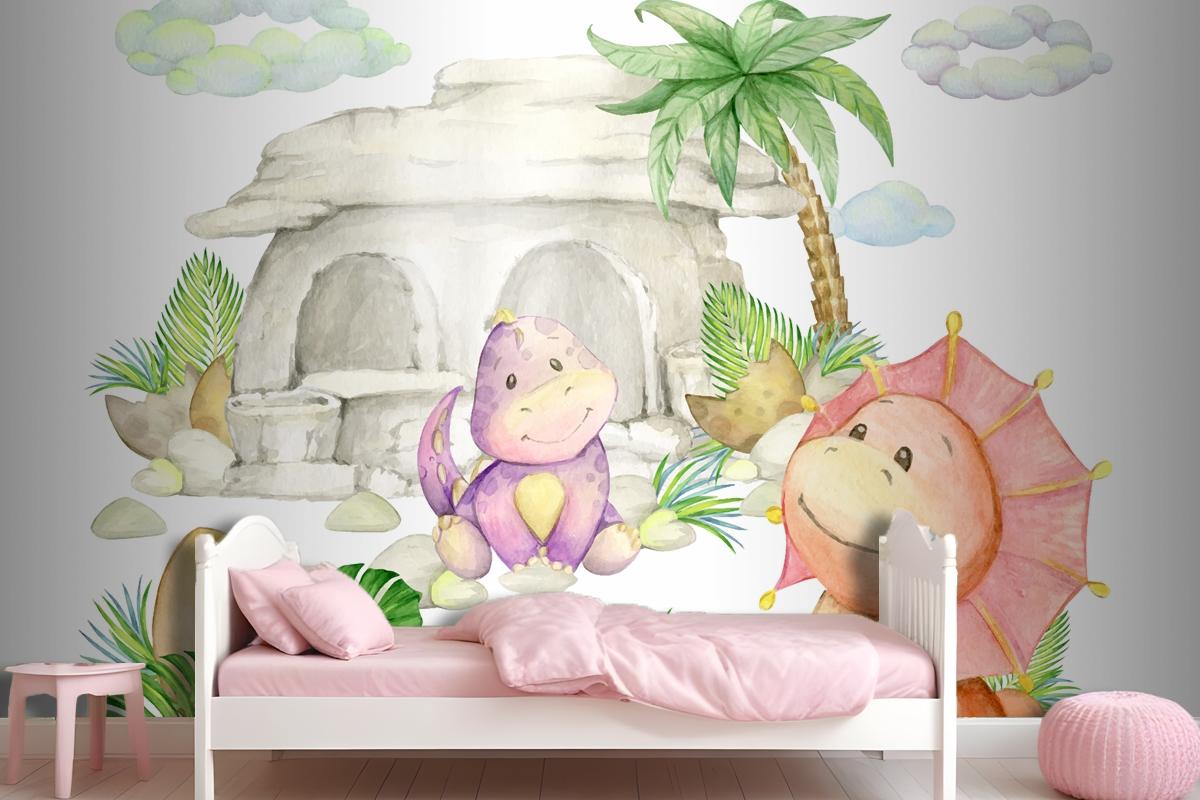 Dinosaurs A Stone House A Palm Tree Wallpaper Mural