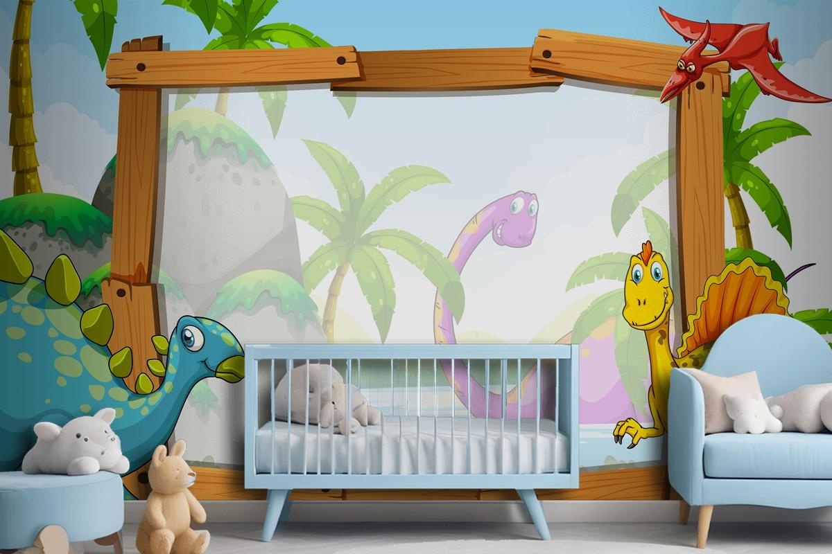 Dinosaurs By The Wooden Frame Wallpaper Mural