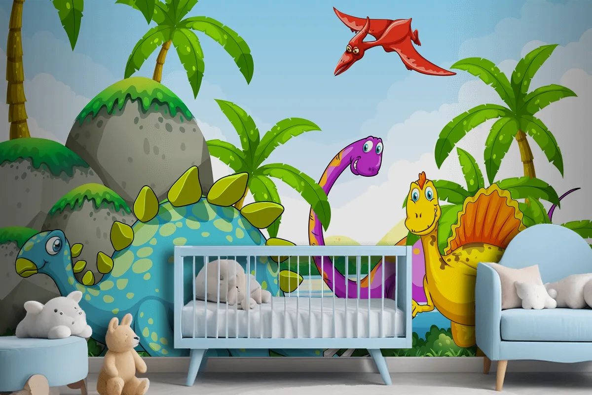 Dinosaurs Living In The Jungle Wallpaper Mural