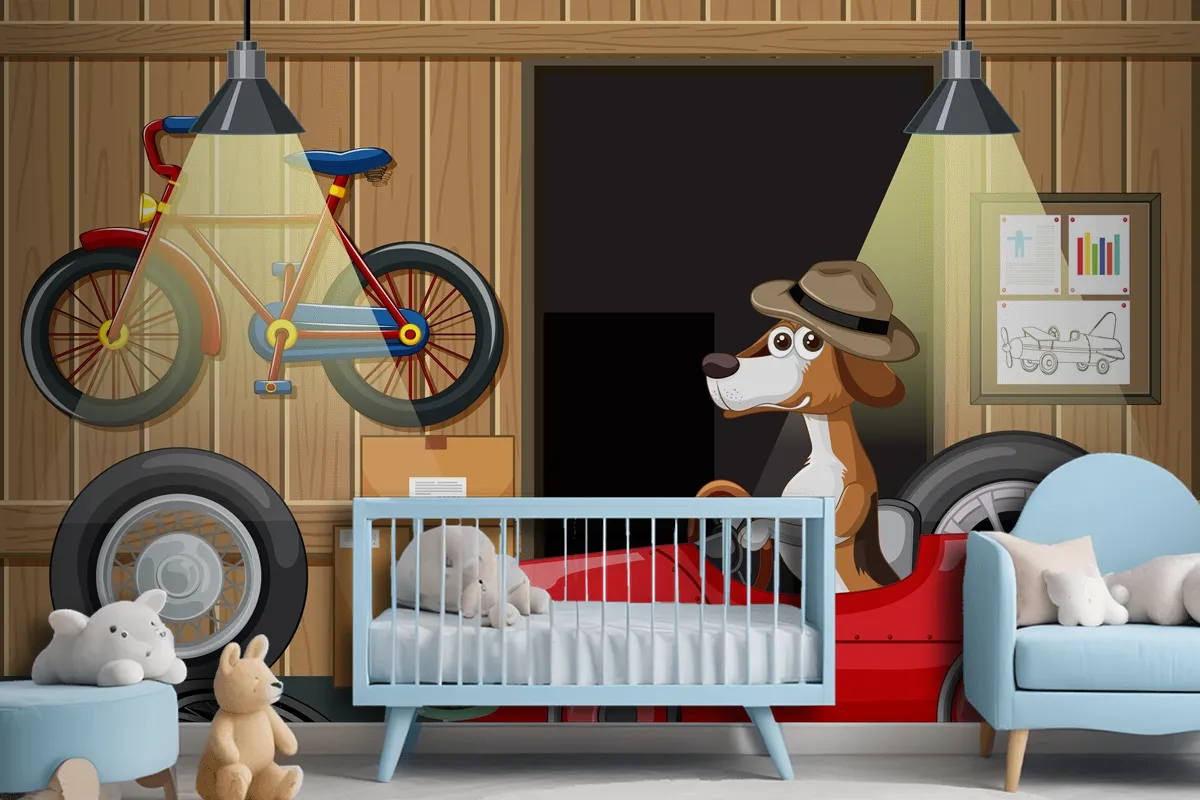 Dog Driving Car In Garage Wallpaper Mural