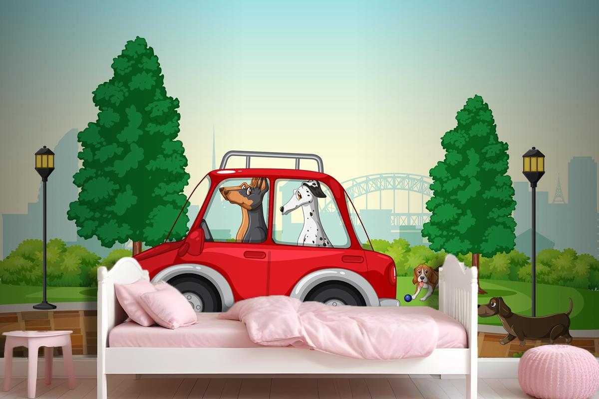 Dogs Driving And Running In The Park Wallpaper Mural