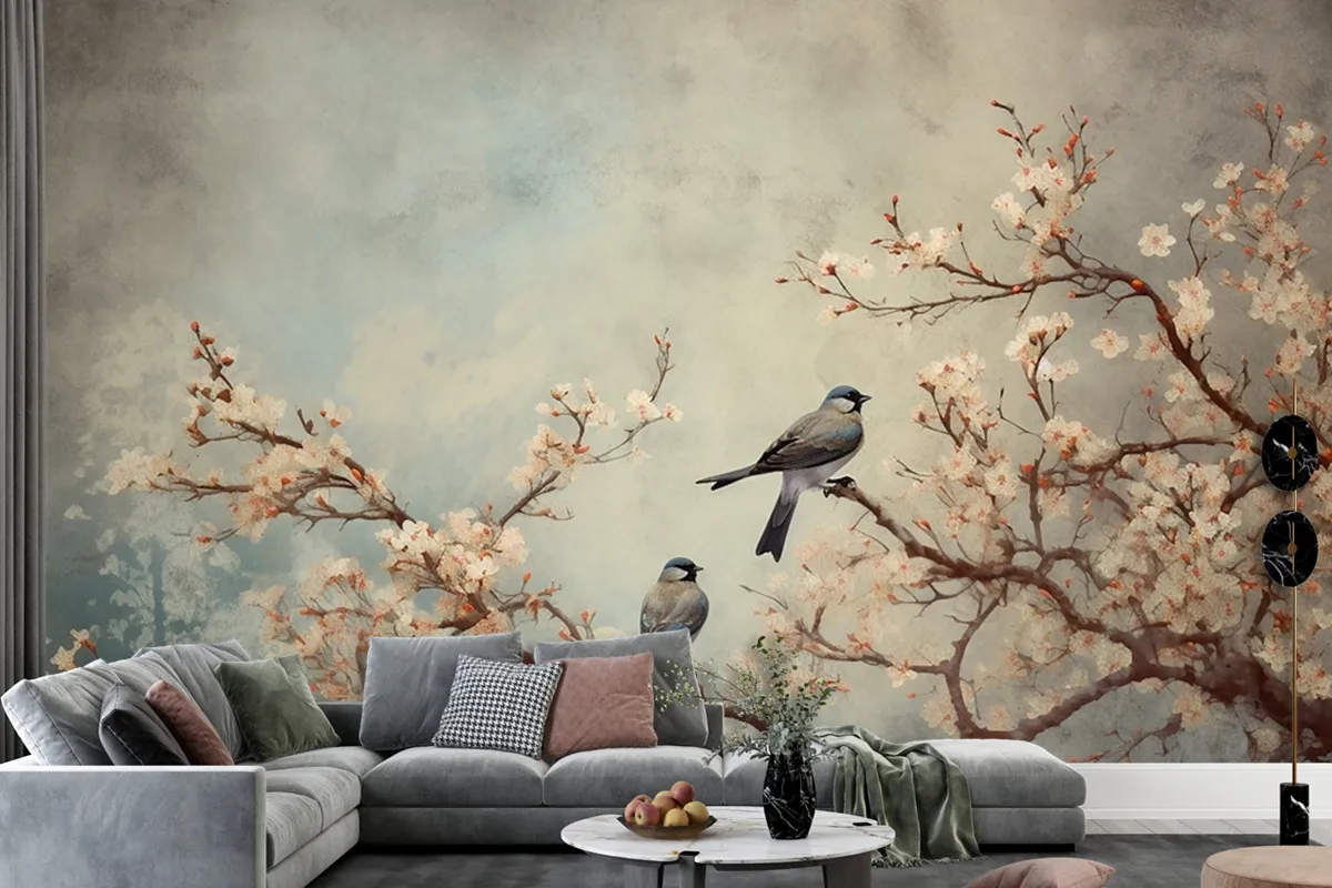 Flowers Branches Birds Golden Brushstrokes Wallpaper Mural