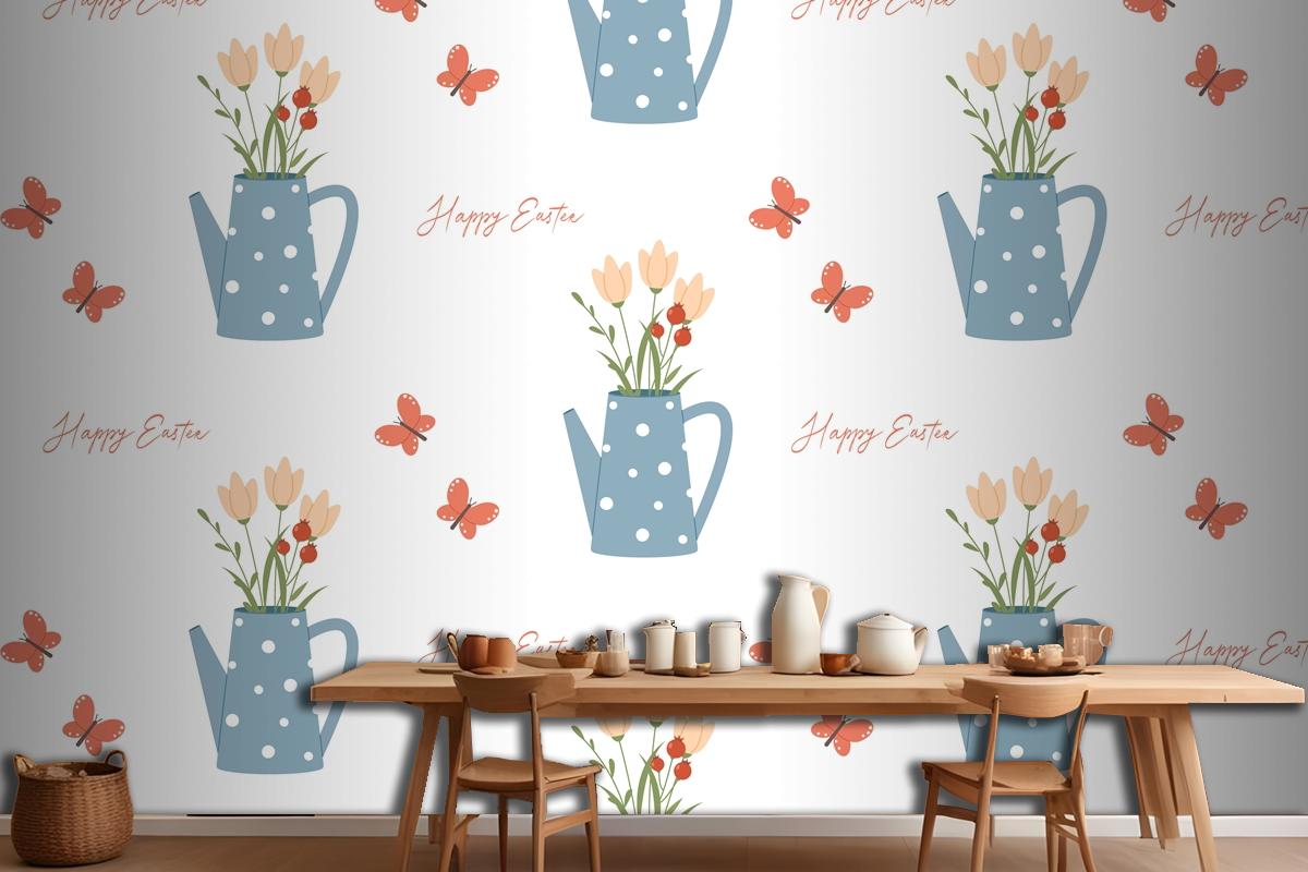 Easter Seamless Pattern Watering Can Butterfly And Lettering Wallpaper Mural