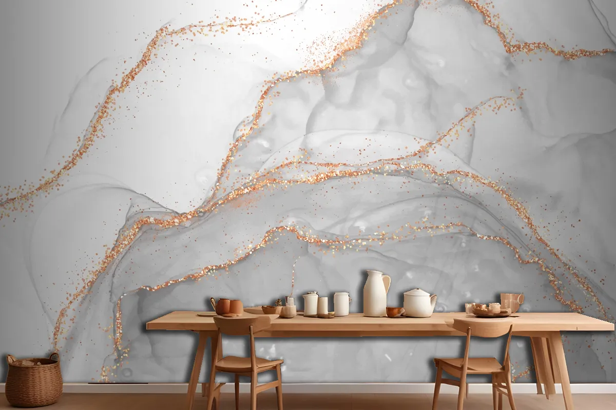 Elegant Alcohol Ink Design With Gold Glitter Elements Wallpaper Mural