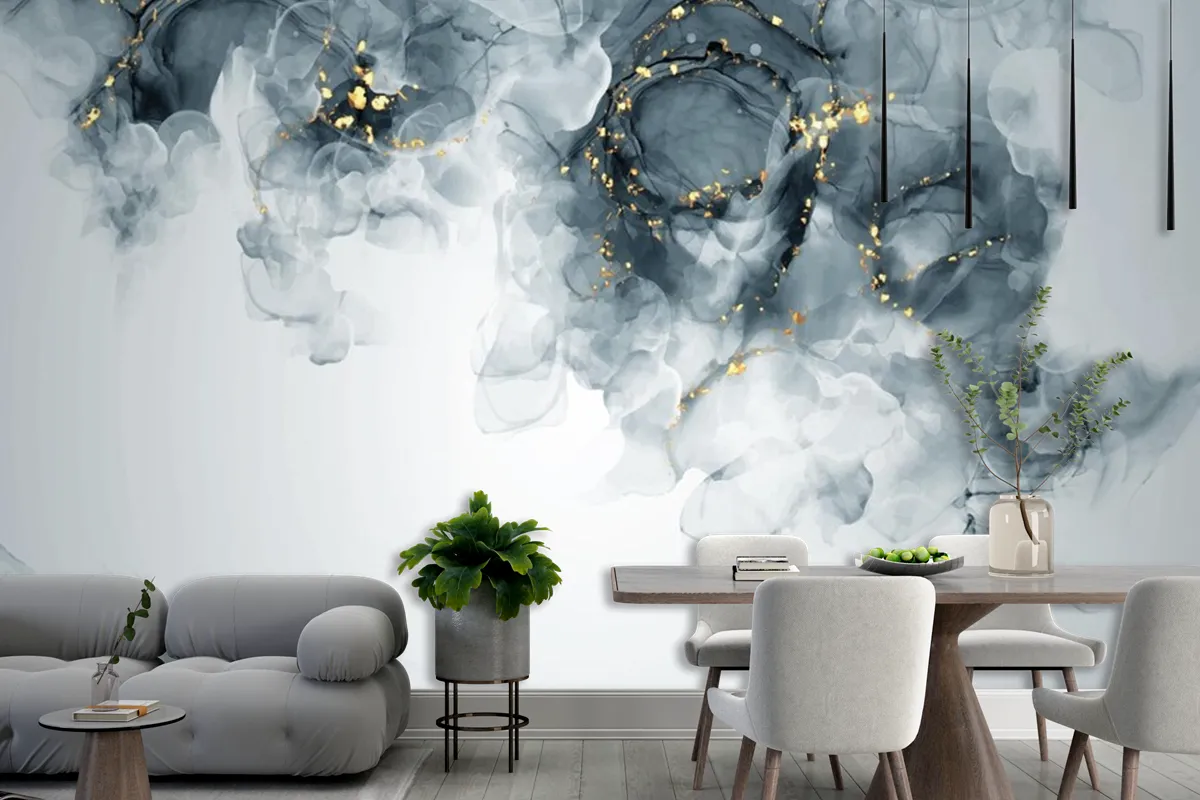 Elegant Hand Painted Alcohol Ink Background With Gold Elements Wallpaper Mural