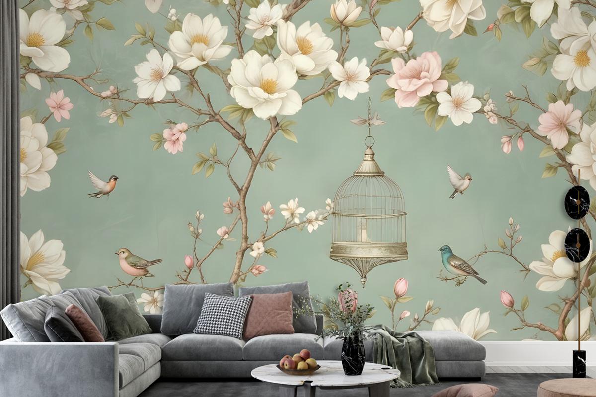 English Country Style With Branches And Flowers And Birds Wallpaper Mural