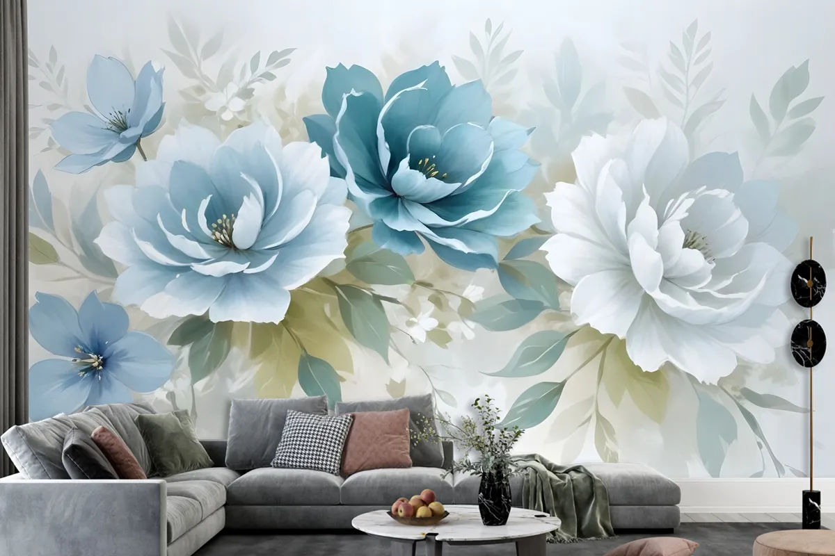 European Style 3D Look Blue Green Floral Wallpaper Mural