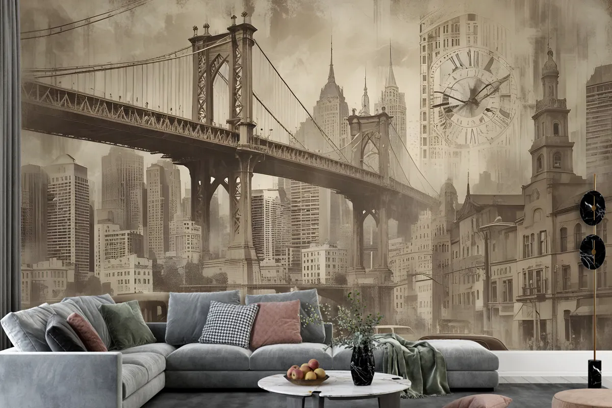 European Vintage City With Brooklyn Bridge Wallpaper Mural