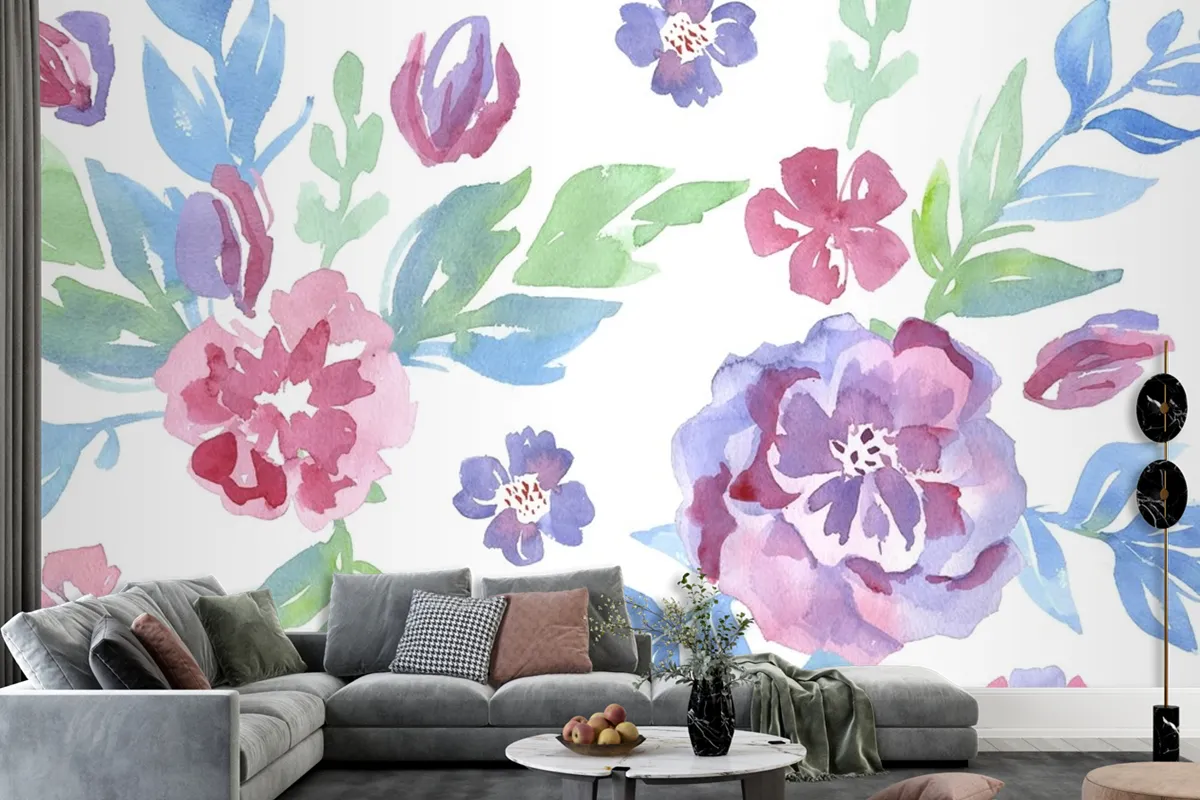 Fashionable Pattern In Watercolor Flowers Wallpaper Mural