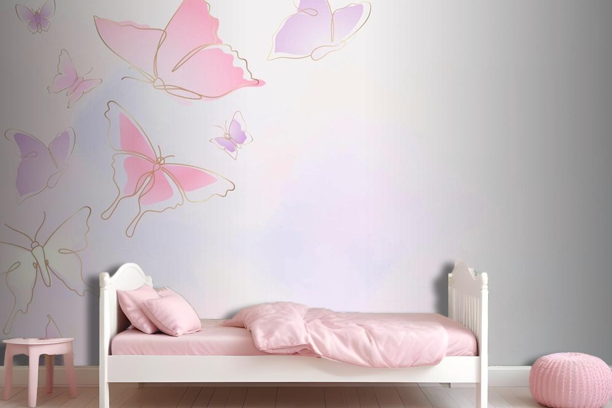 Feminine Butterfly Background Pink Border Wallpaper Mural