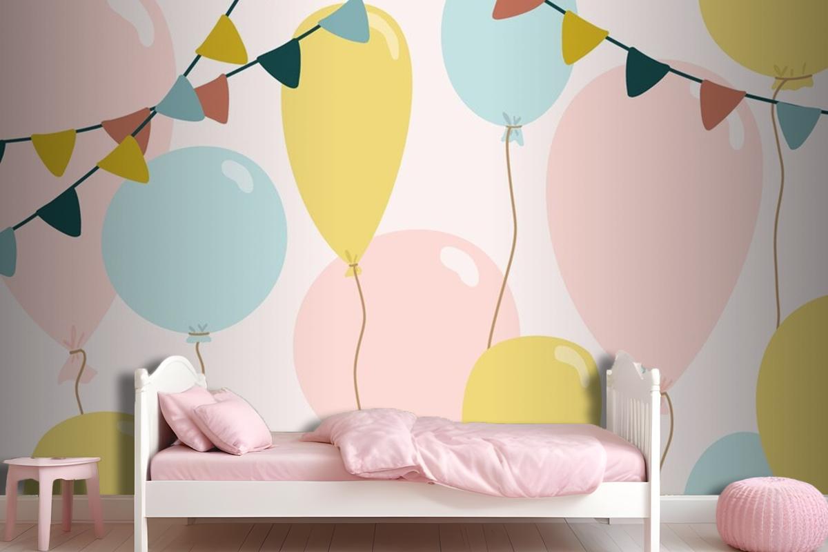 Festive Background With Blue Pink And Yellow Balloons Wallpaper Mural