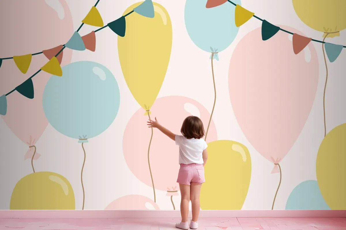 Festive Background With Blue Pink And Yellow Balloons Wallpaper Mural